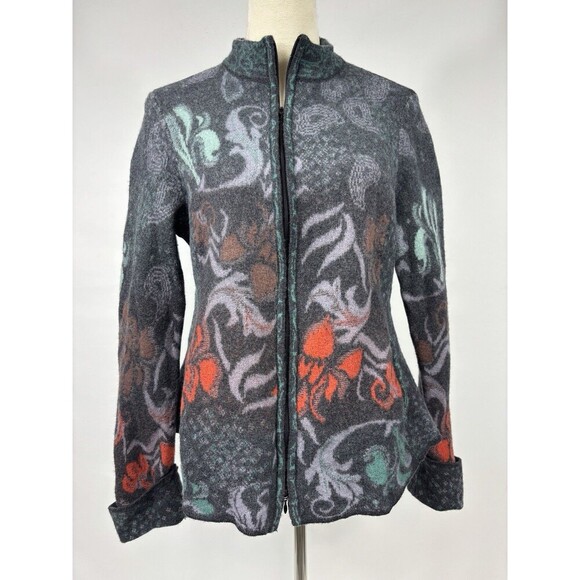Ivko Wool Cardigan Jacket Grey Floral XXL Zip Front Long Sleeve Embroidered - Picture 1 of 16
